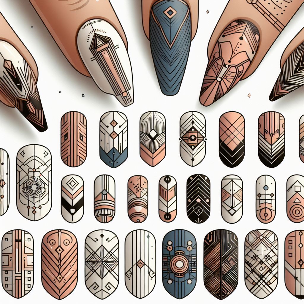 Assortment of geometric nail art designs with clean lines and shapes