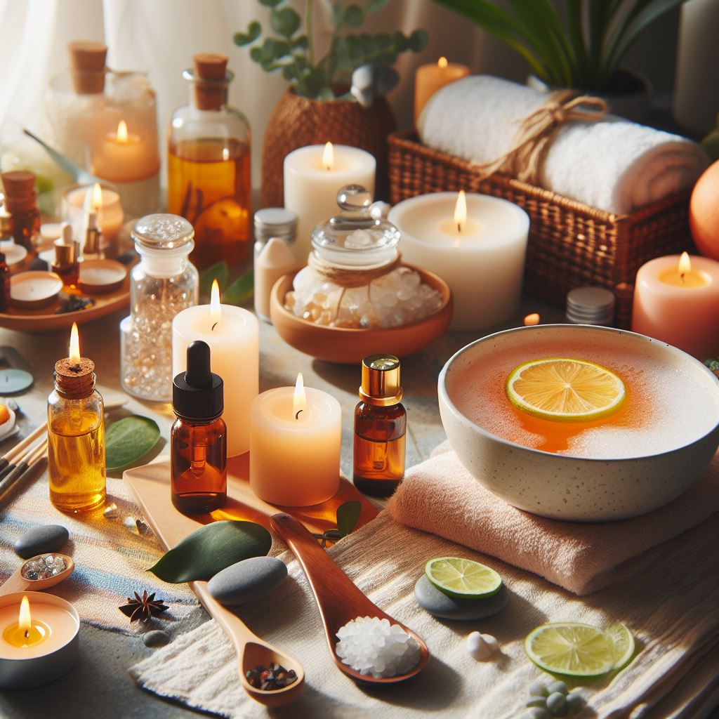 At-Home Spa Ambiance Relaxing setup with candles, aromatic essential oils, and refreshing beverages, creating the perfect atmosphere for a DIY spa day