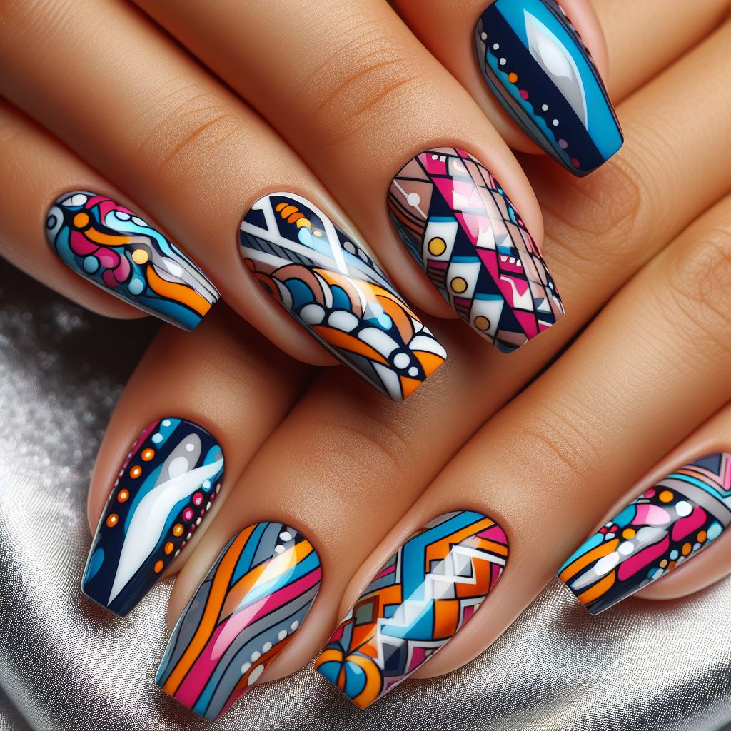Bold graphic patterns in vibrant colors, adorning perfectly manicured nails, showcasing creativity and style