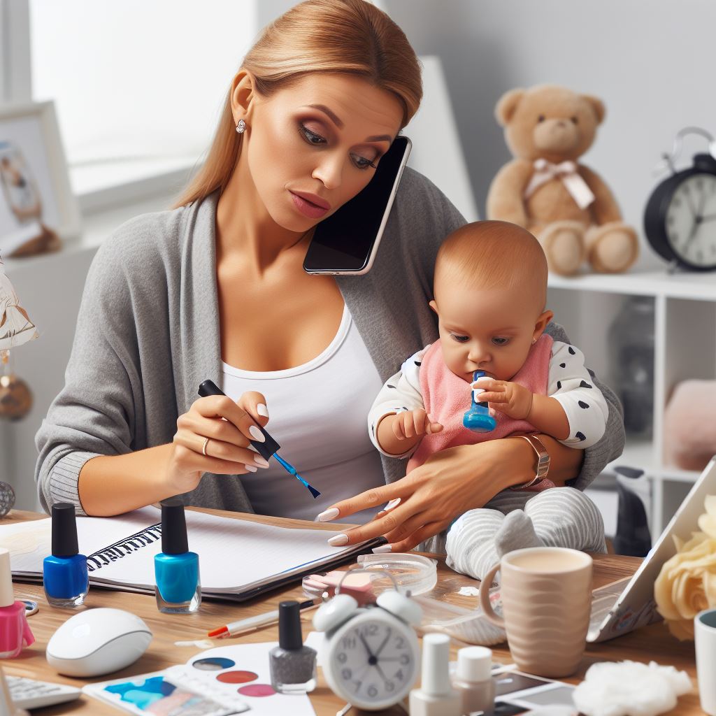 Busy mom painting her nails with quick-dry nail polish while multitasking