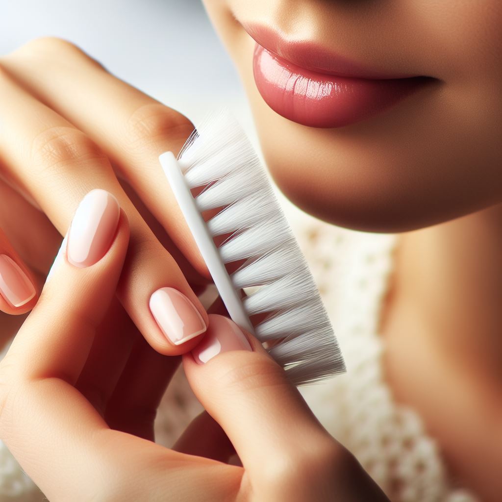 Close-up of hands gently cleaning nails with a soft brush for hygiene