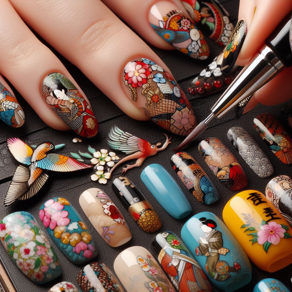 Collage of Japanese nail art showcasing detailed designs, vibrant colors, and cultural influences