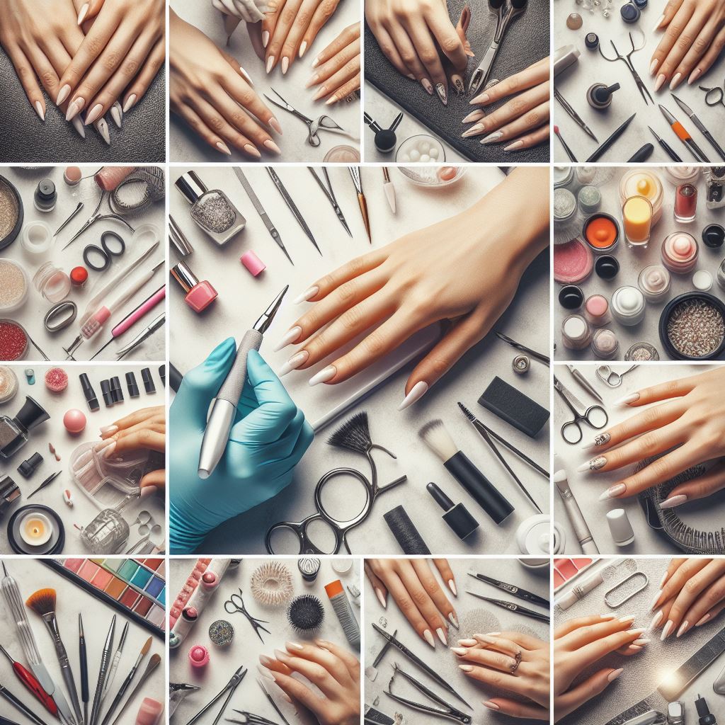 Collage of a certified nail technician at work, displaying various tools and equipment