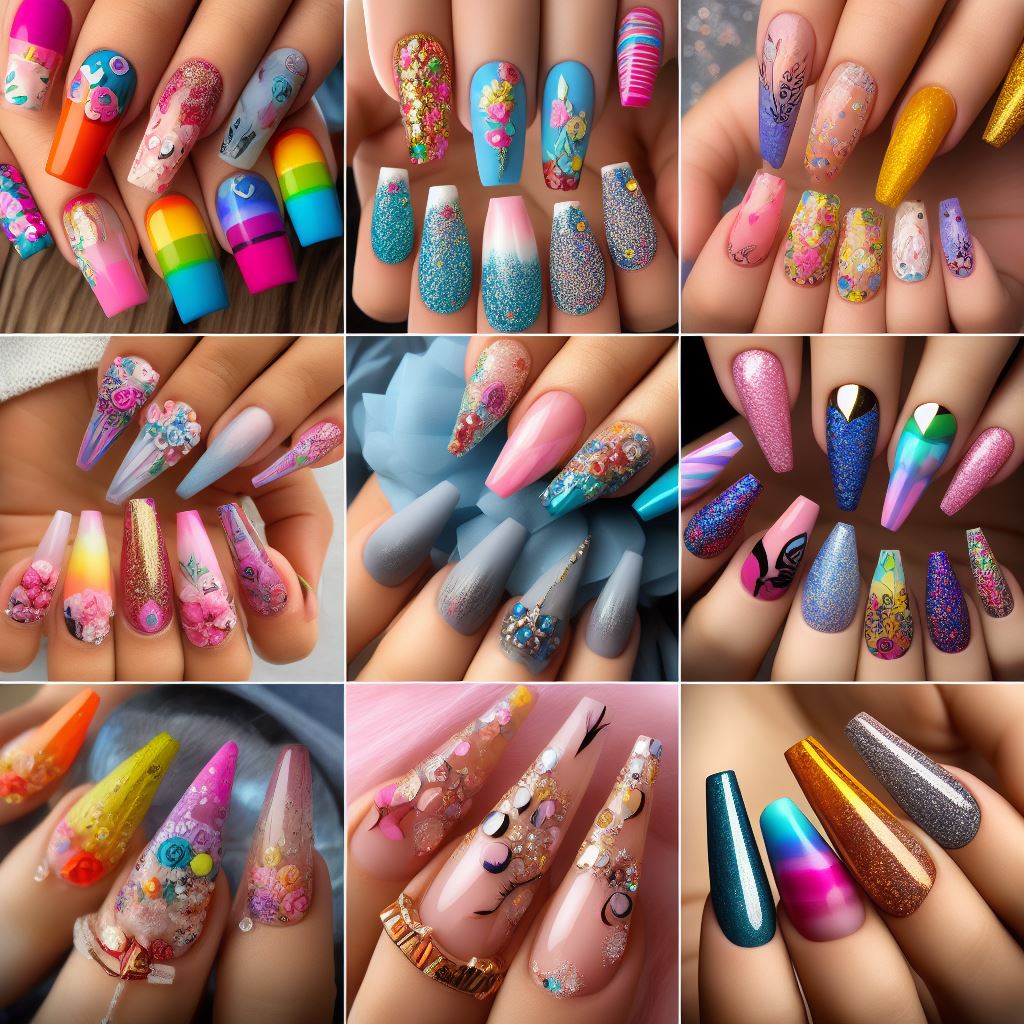 Collage of colorful nail art designs, showcasing bright and bold, pastel paradise, glitter glam, rich and royal, and neon fizz designs for different styles and preferences