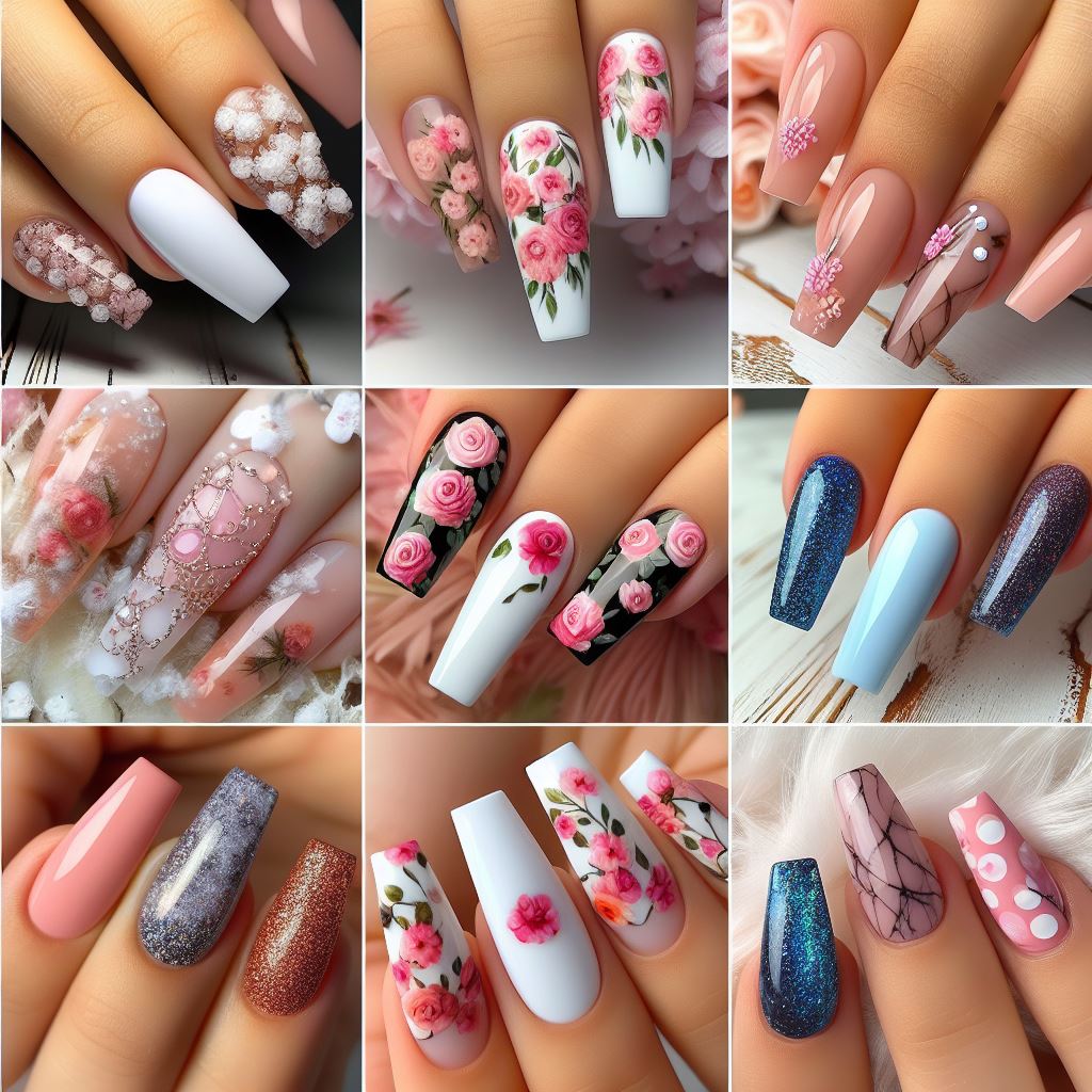 Collage of different chic nail designs, including floral, polka dots, French manicure, glitter, and marbled designs