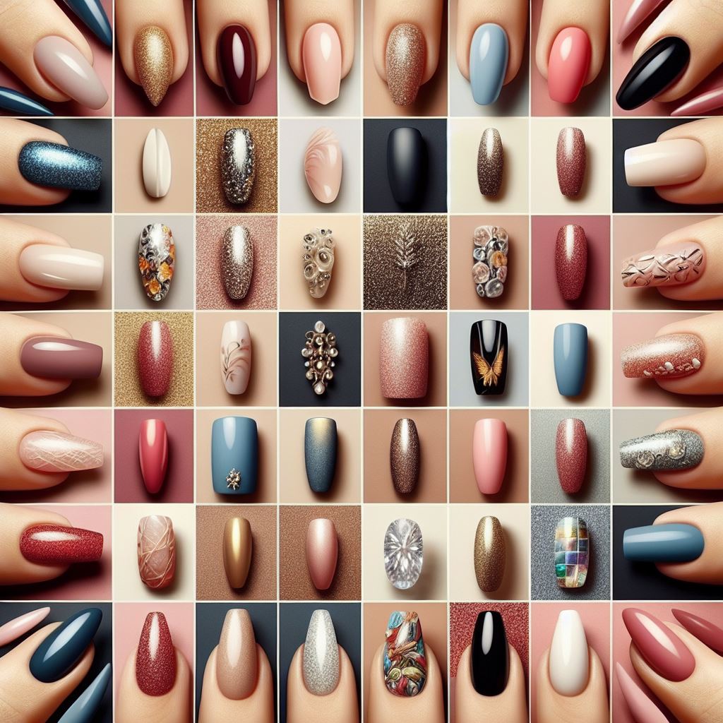 Collage showcasing various nail shapes and designs for inspiration
