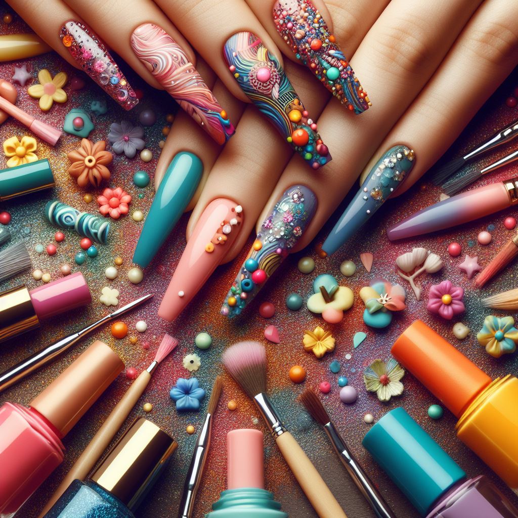 Colorful long nail art designs showcasing a variety of vibrant patterns, polishes, and tools