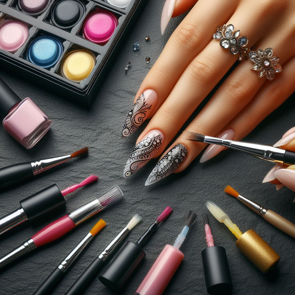 Colorful nail polish palette, nail art tools, and a hand displaying an intricate gel nail design.