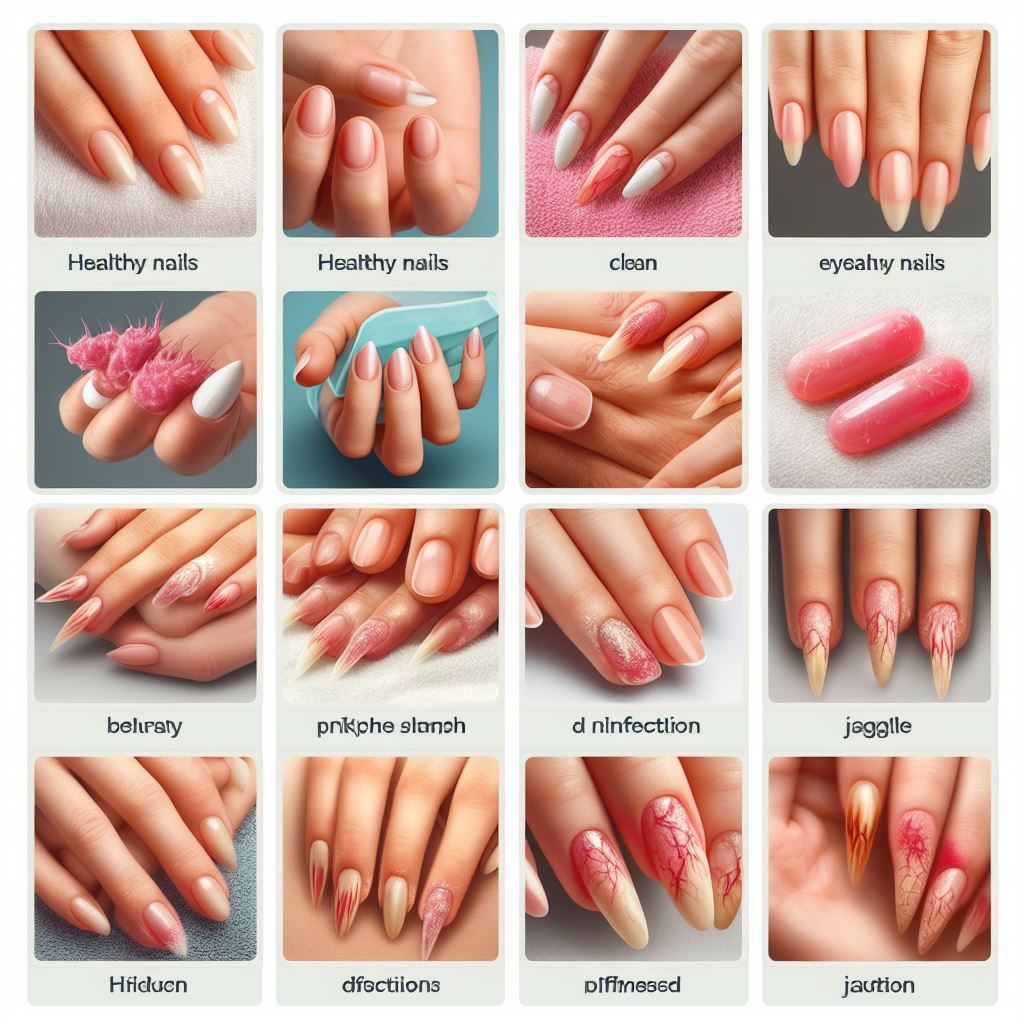 Comparison between healthy and unhealthy nails, showcasing smooth vs. discolored, brittle nails