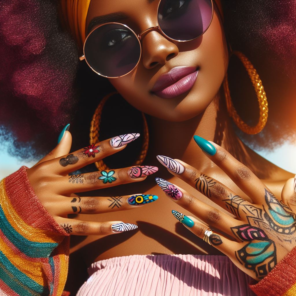 Confident individual displaying creatively designed nails with vibrant colors