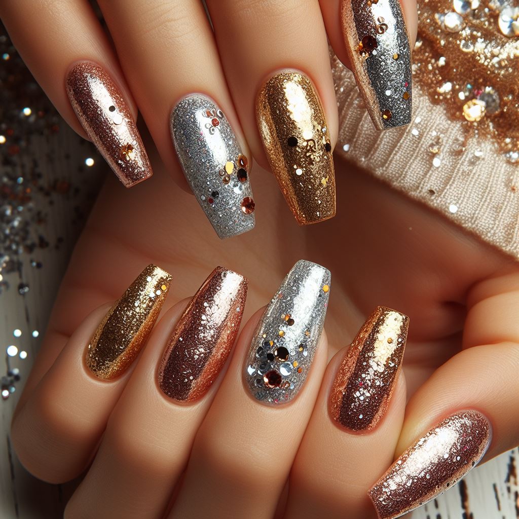 Dazzling glitter nails catching the light, perfect for ringing in the New Year