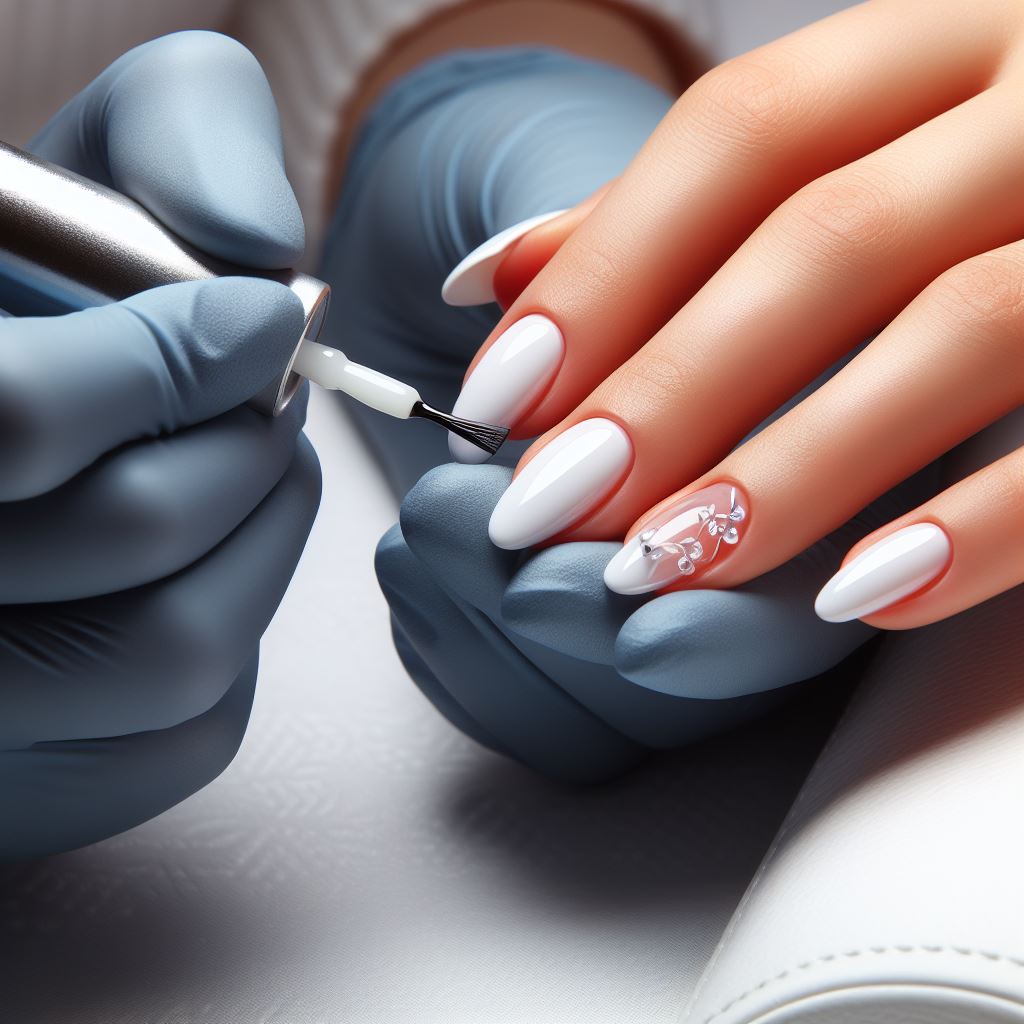 Demonstration of applying base coat and colored polish with precision