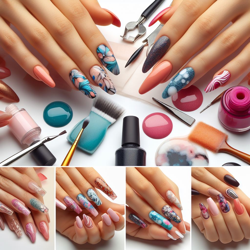 Demonstration of various nail art techniques including marbling, sponging, taping, and stamping