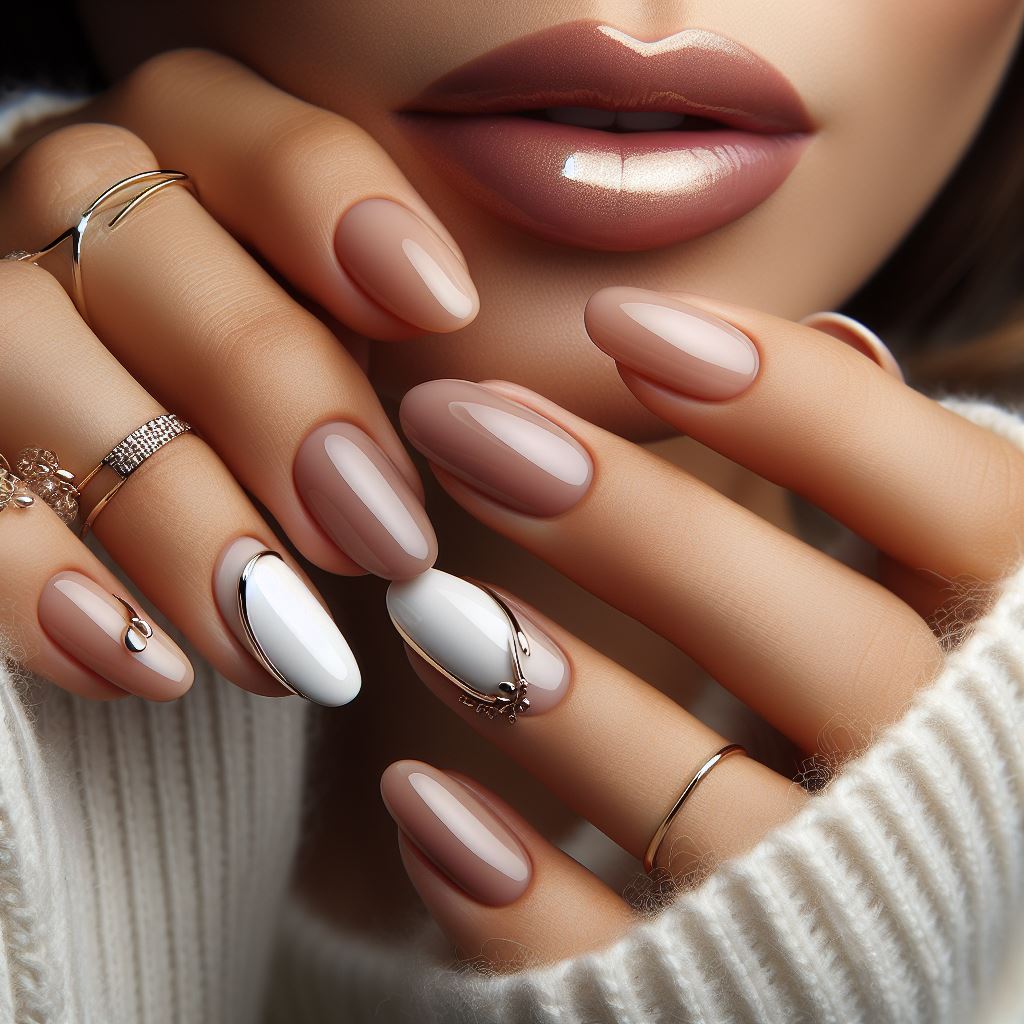 Elegant French manicure with thin metal tips and shapes, exuding class