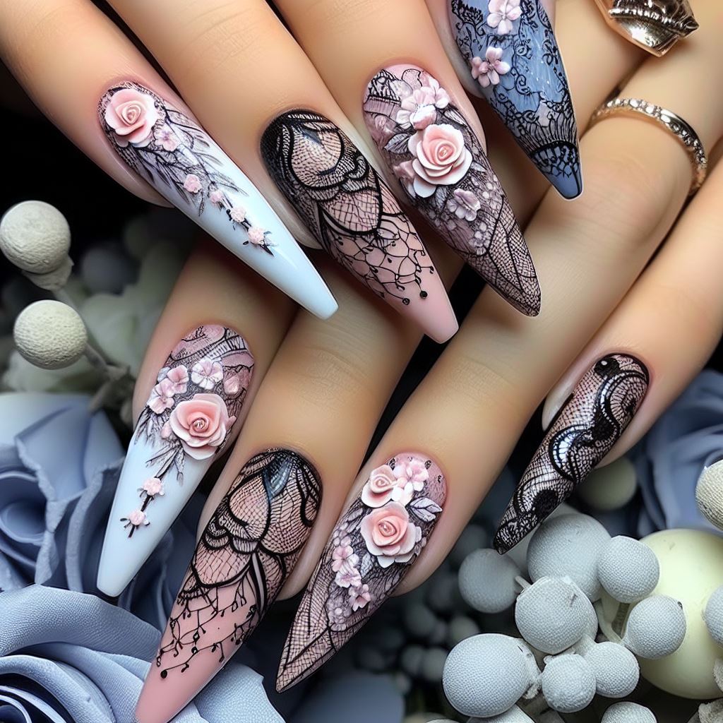 Elegant long coffin nails adorned with intricate floral patterns, delicate lace details, and striking contrasting colors