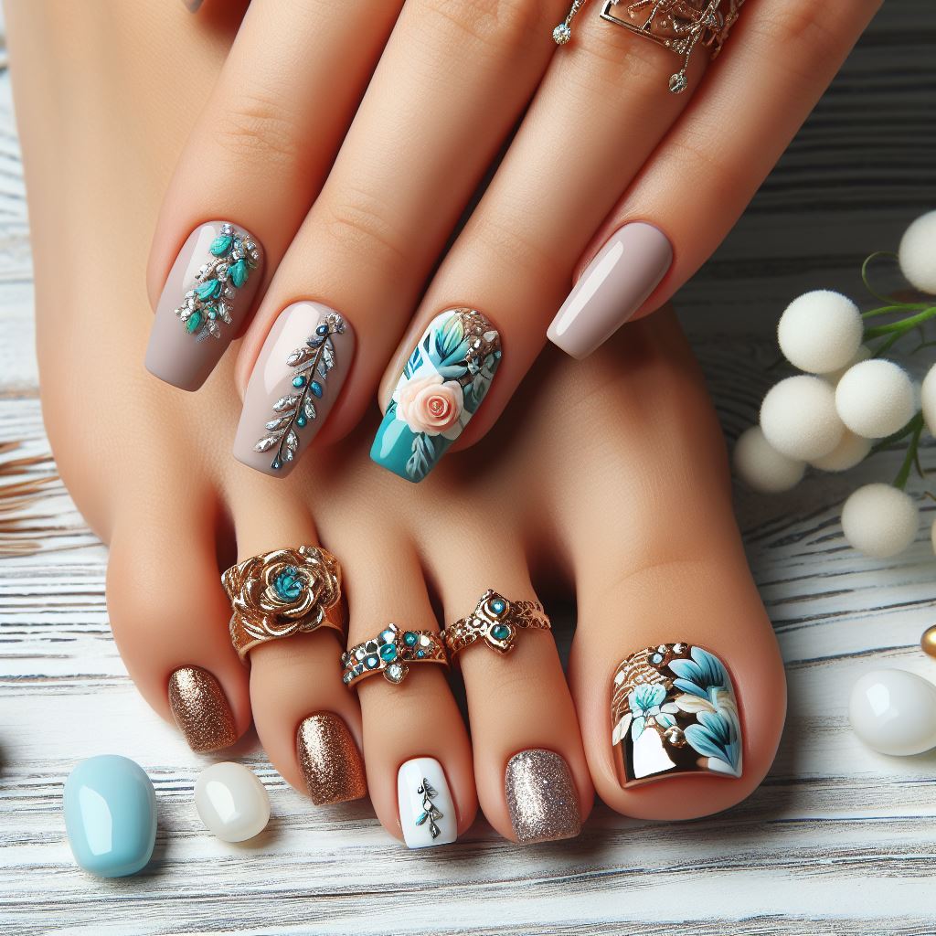 Examples of trendy nail art representing popular manicure and pedicure design trends