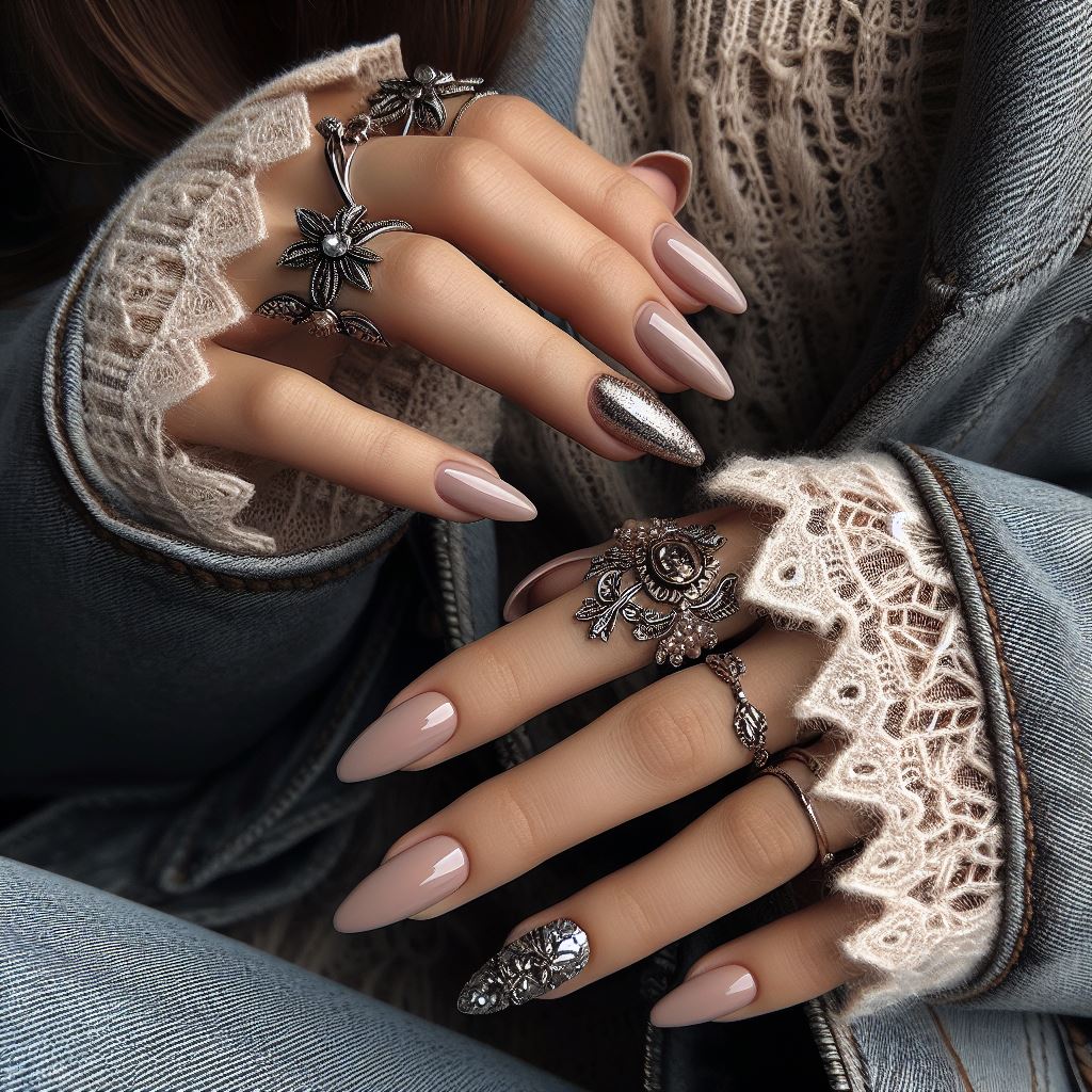 Fashionable nails complementing an elegant outfit, emphasizing hands
