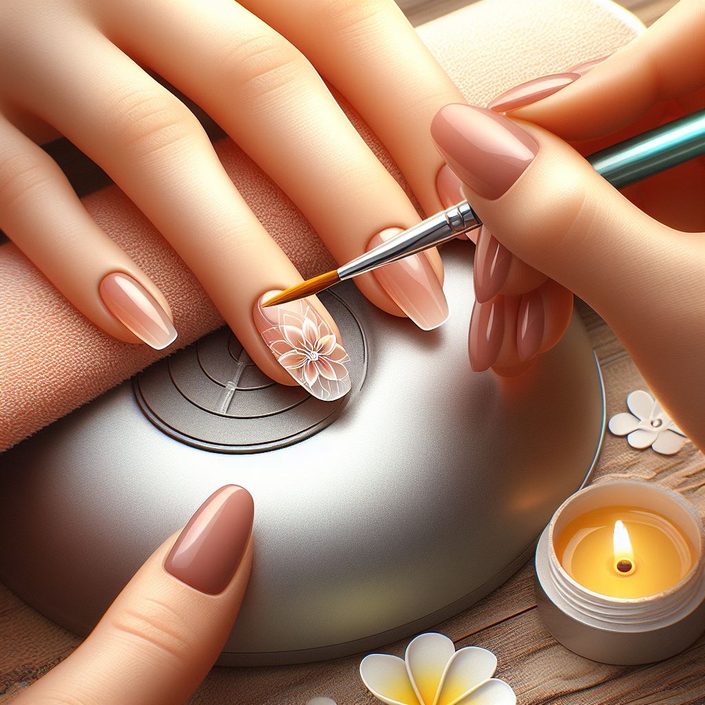 Gel Application Technique Using a flat brush to apply base gel with precision, creating a sturdy anchor for beautiful gel nails