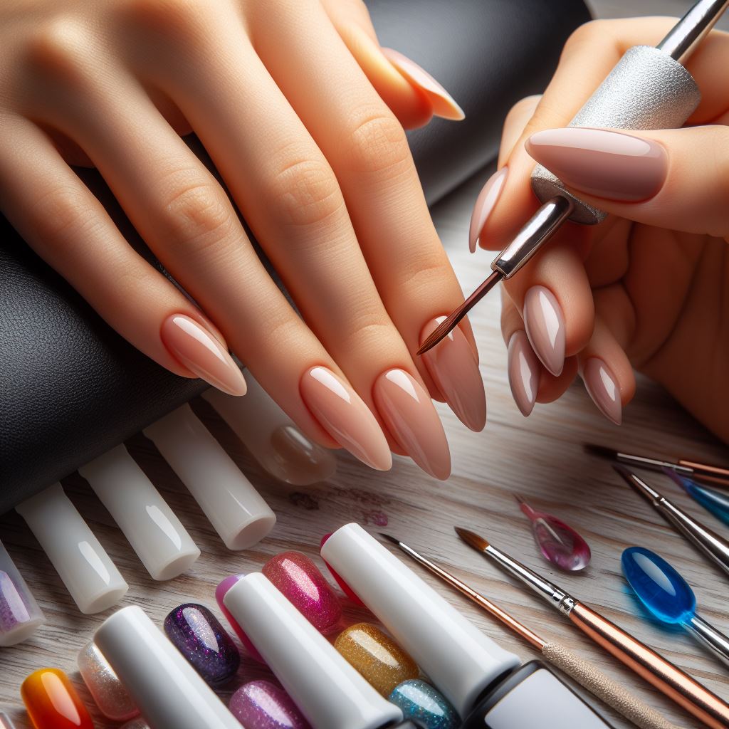 Gel Polish Perfection - An illustrative image demonstrating the meticulous application of gel polish, emphasizing the use of detailing tools