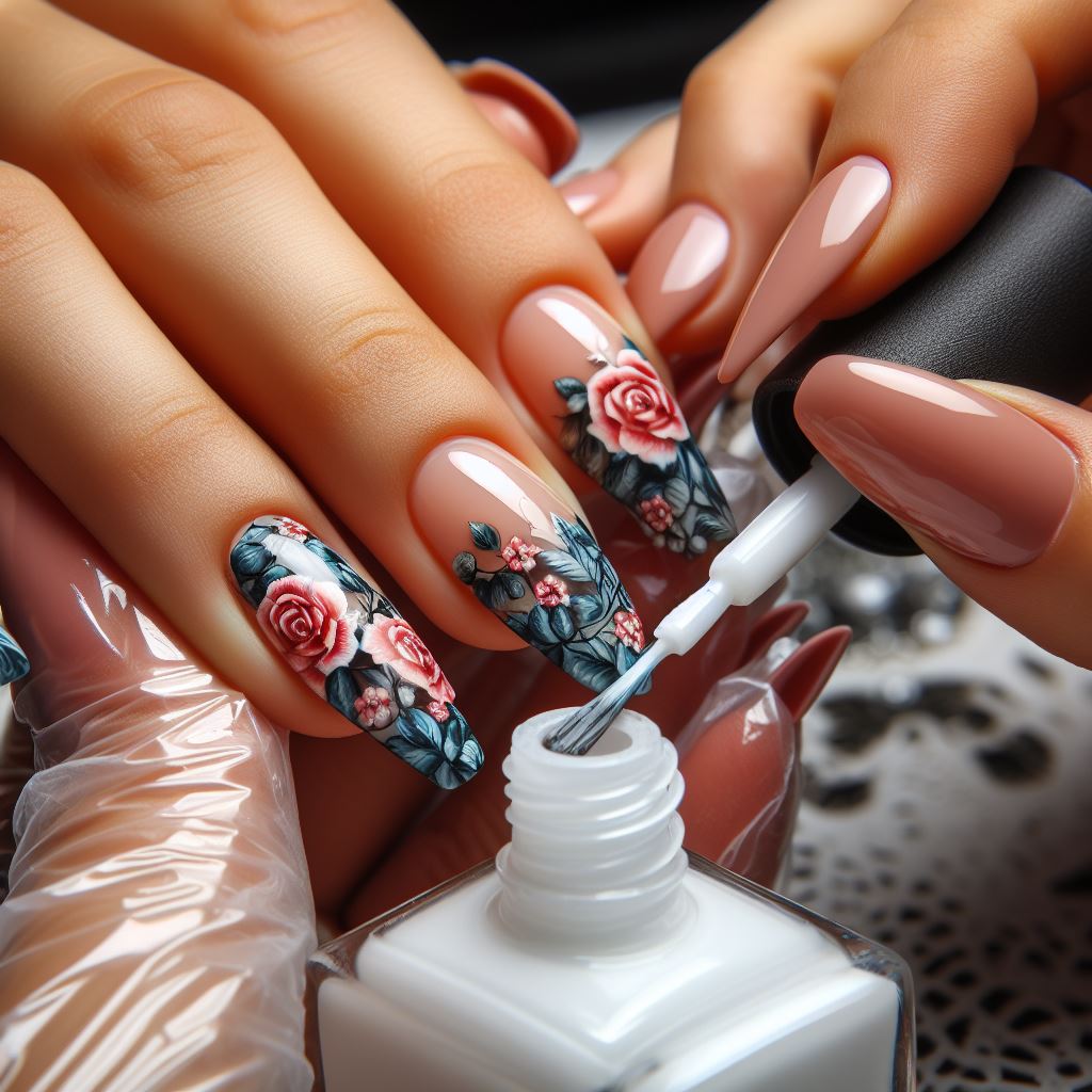 Hands applying a protective topcoat to preserve nail art designs and ensure longevity, emphasizing maintenance and care