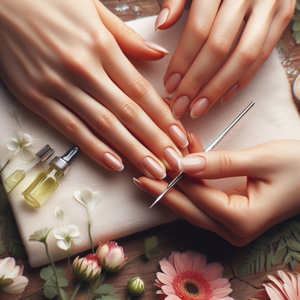 Hands applying cuticle oil and avoiding harsh chemicals, showcasing the aftercare routine for hyper-realistic nails