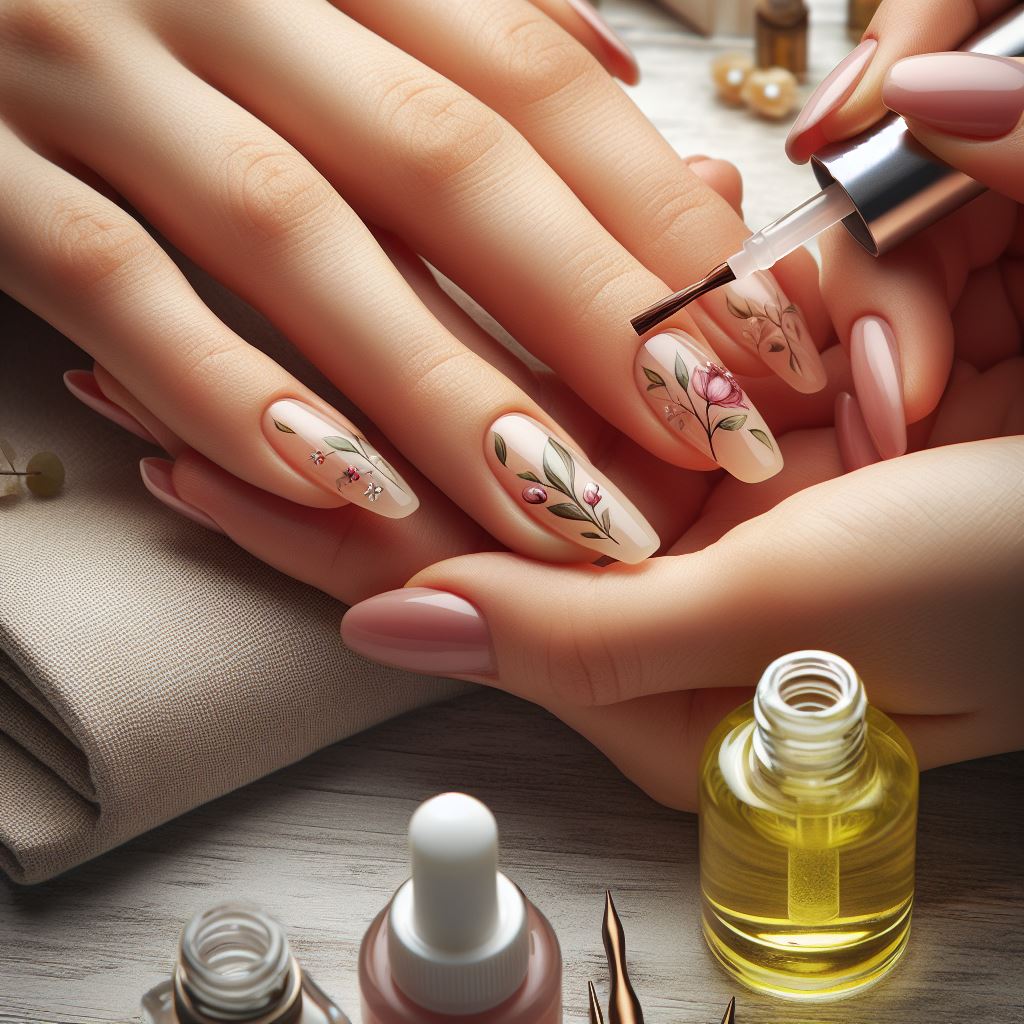 Hands applying cuticle oil, representing nail care and maintenance
