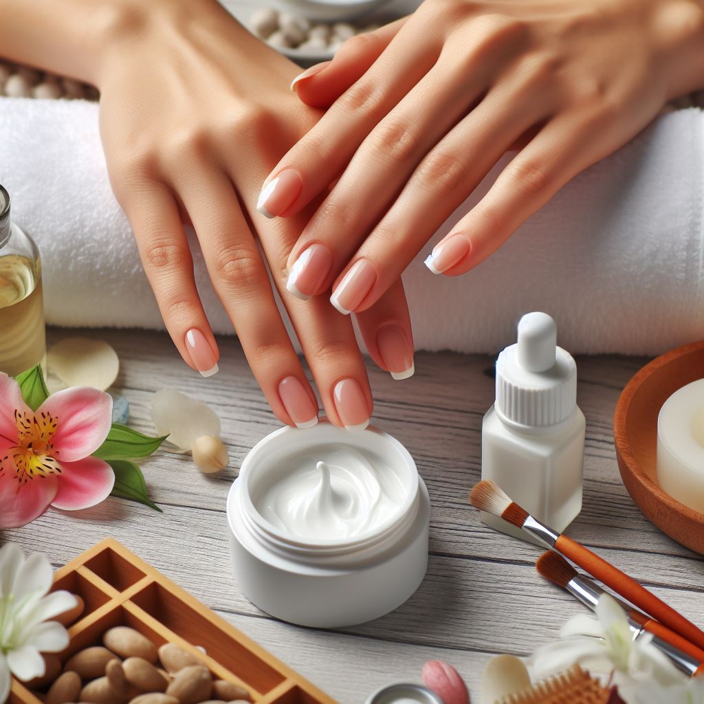 Hands being moisturized with cream for nail care routine