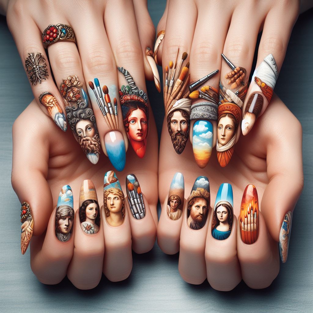 Hands displaying intricate nail art designs inspired by famous artworks