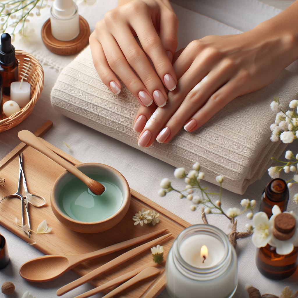 Hands engaged in a relaxing nail care routine, emphasizing self-care and well-being