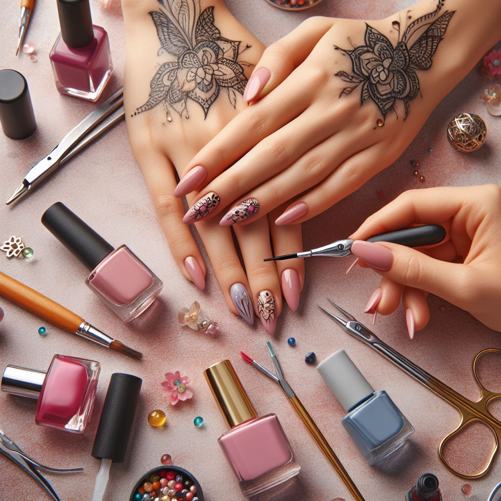 Hands holding nail art tools and nail polish bottles, ready for a DIY nail art session, emphasizing creativity and self-expression