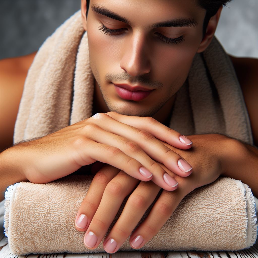 Hands resting on a soft towel, nails polish-free, for nail health