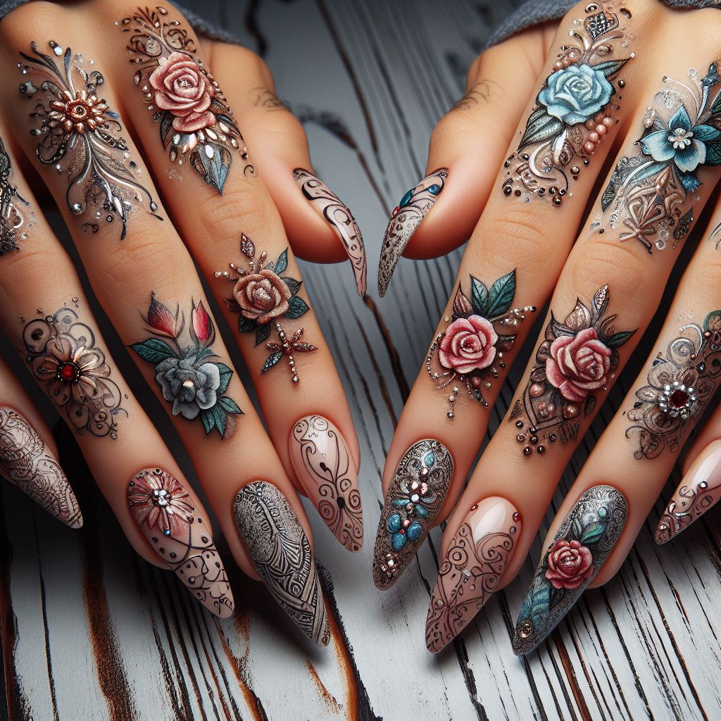 Hands with intricate nail art designs reflecting individuality and interests