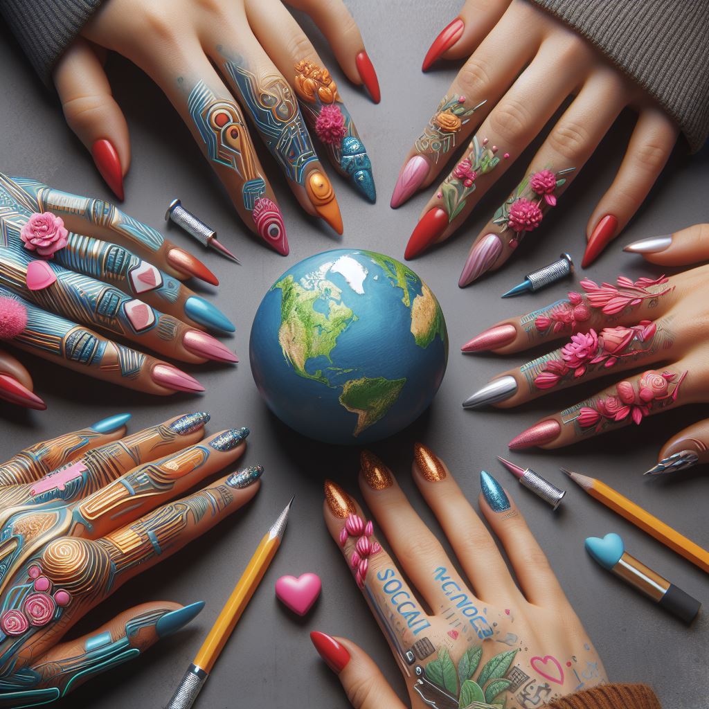 Hands with nail art designs engaging in conversation, highlighting social impact
