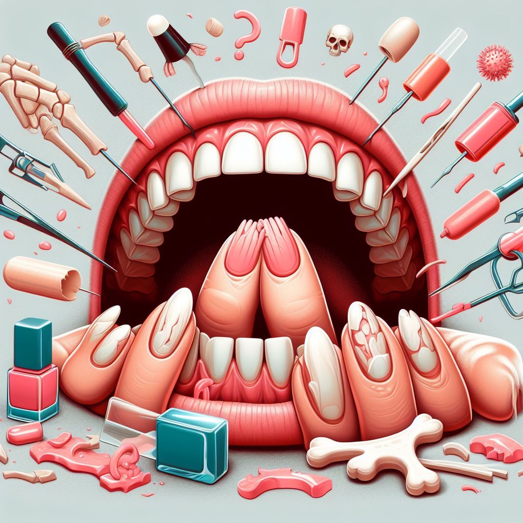 Illustration depicting the harmful effects of nail biting on nails and fingers