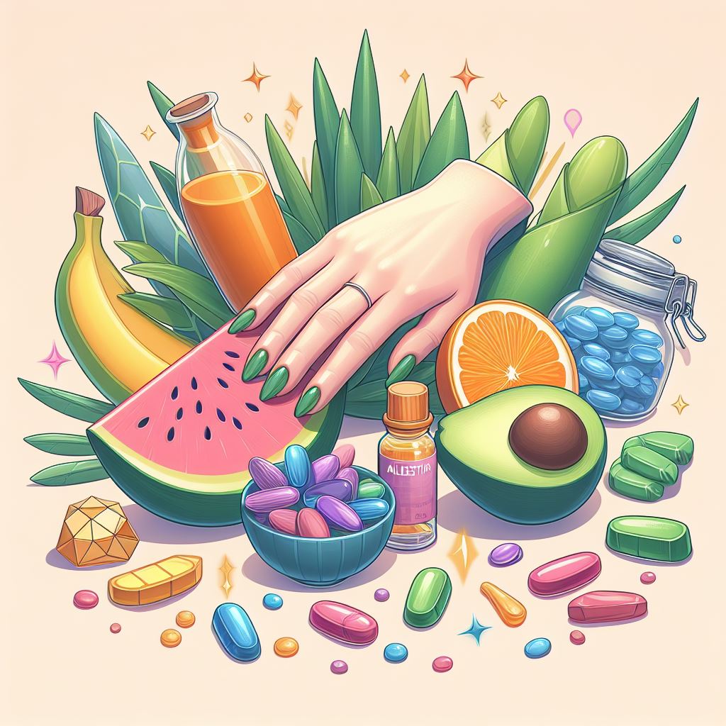 Illustration highlighting vitamins and minerals important for healthy nails