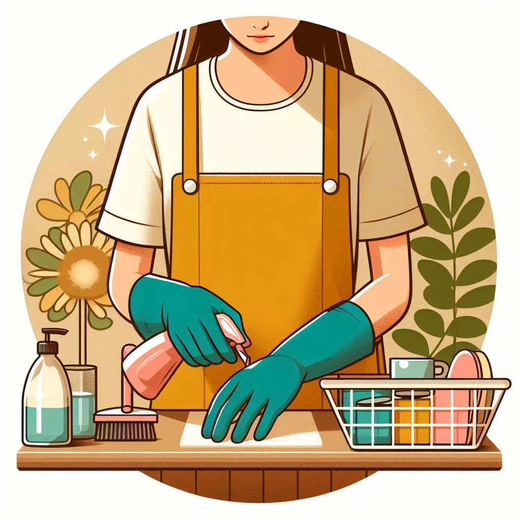 Illustration of a person wearing gloves while doing household chores, emphasizing the importance of protecting nails