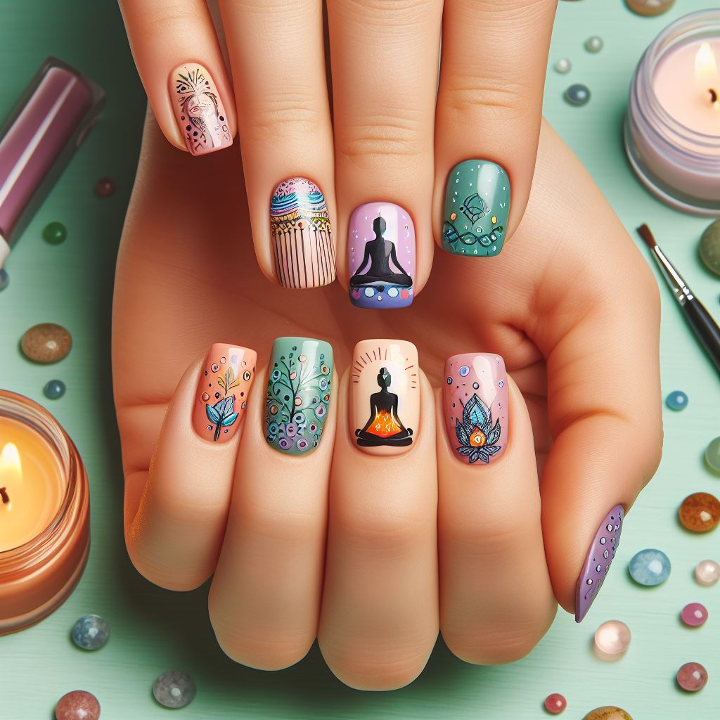 Illustration of a serene hand with beautifully manicured nails surrounded by calming elements, symbolizing the concept of mindful manicure for promoting wellness and relaxation