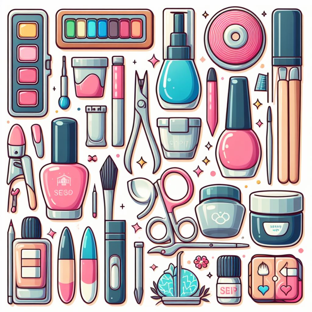 Illustration of nail care tools and products, including clippers, files, polish, and moisturizer