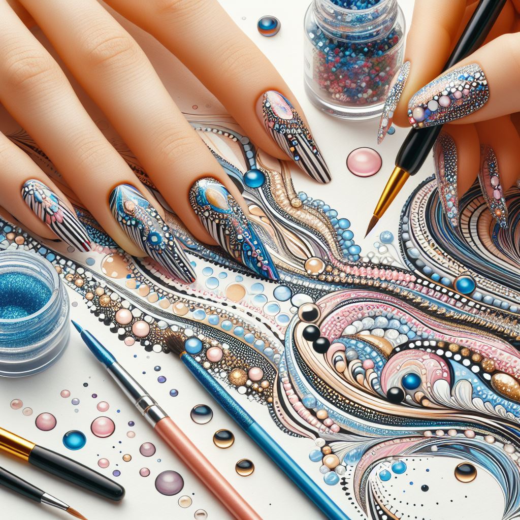 Image demonstrating dotting techniques, marble effects, creating stripes, and applying glitter and gems for DIY nail design