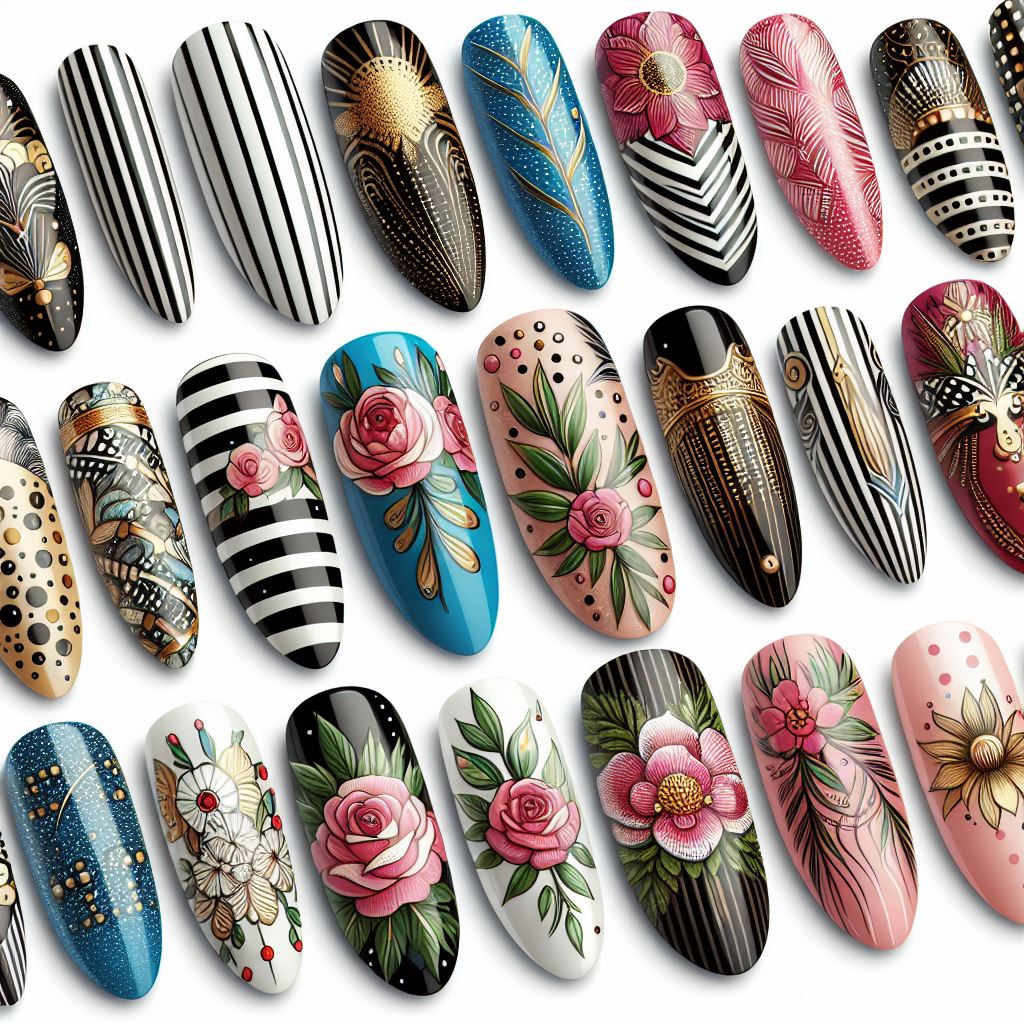 Image displaying different nail art designs including polka dots, stripes, and floral patterns