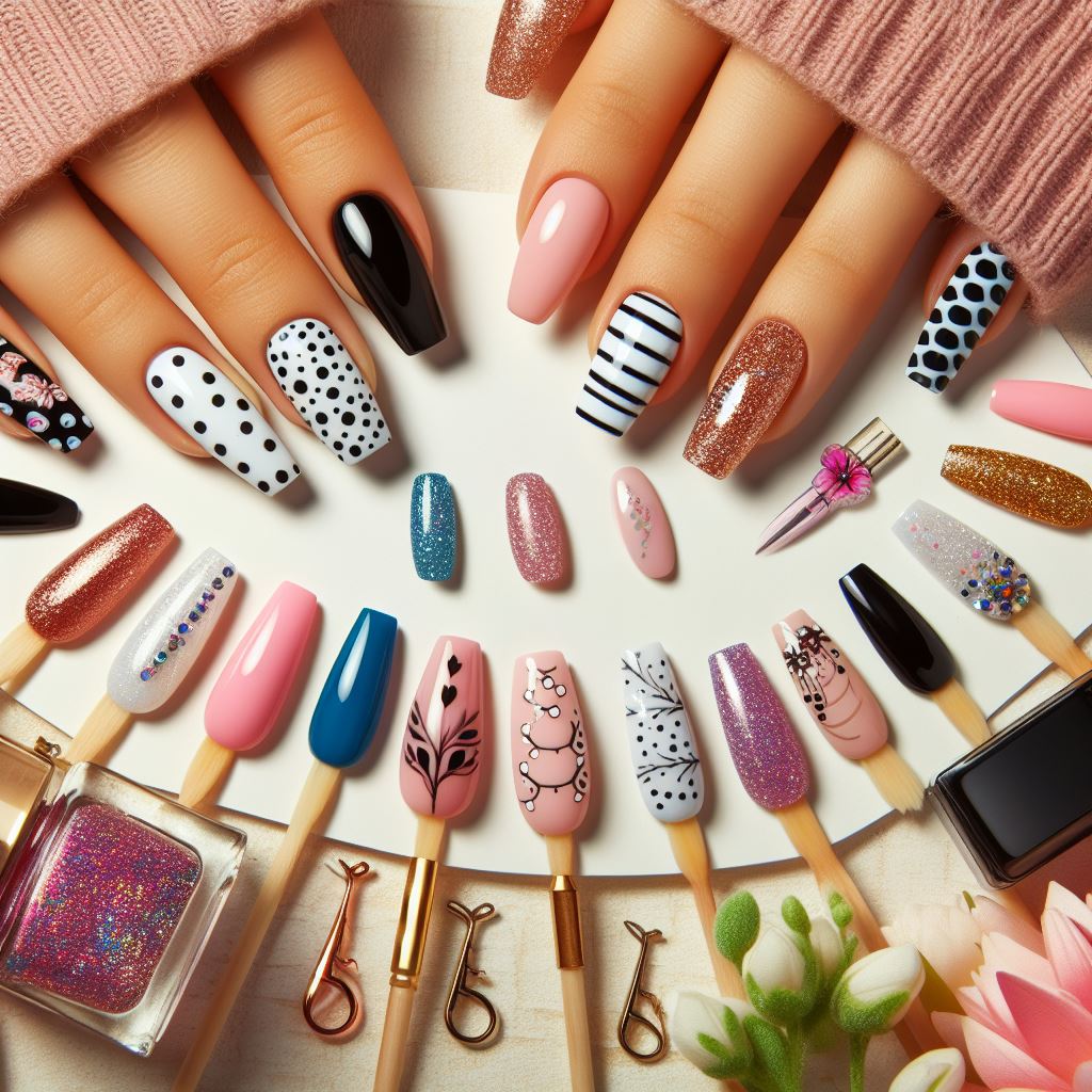 Image displaying easy and fun nail designs including polka dots, stripes, and glitter accents