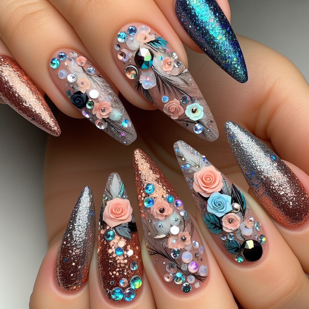 Image displaying matte, gloss, and textured accents, rhinestones and glitter, 3D decals, and metallic finishes, representing current nail art technique and material trends