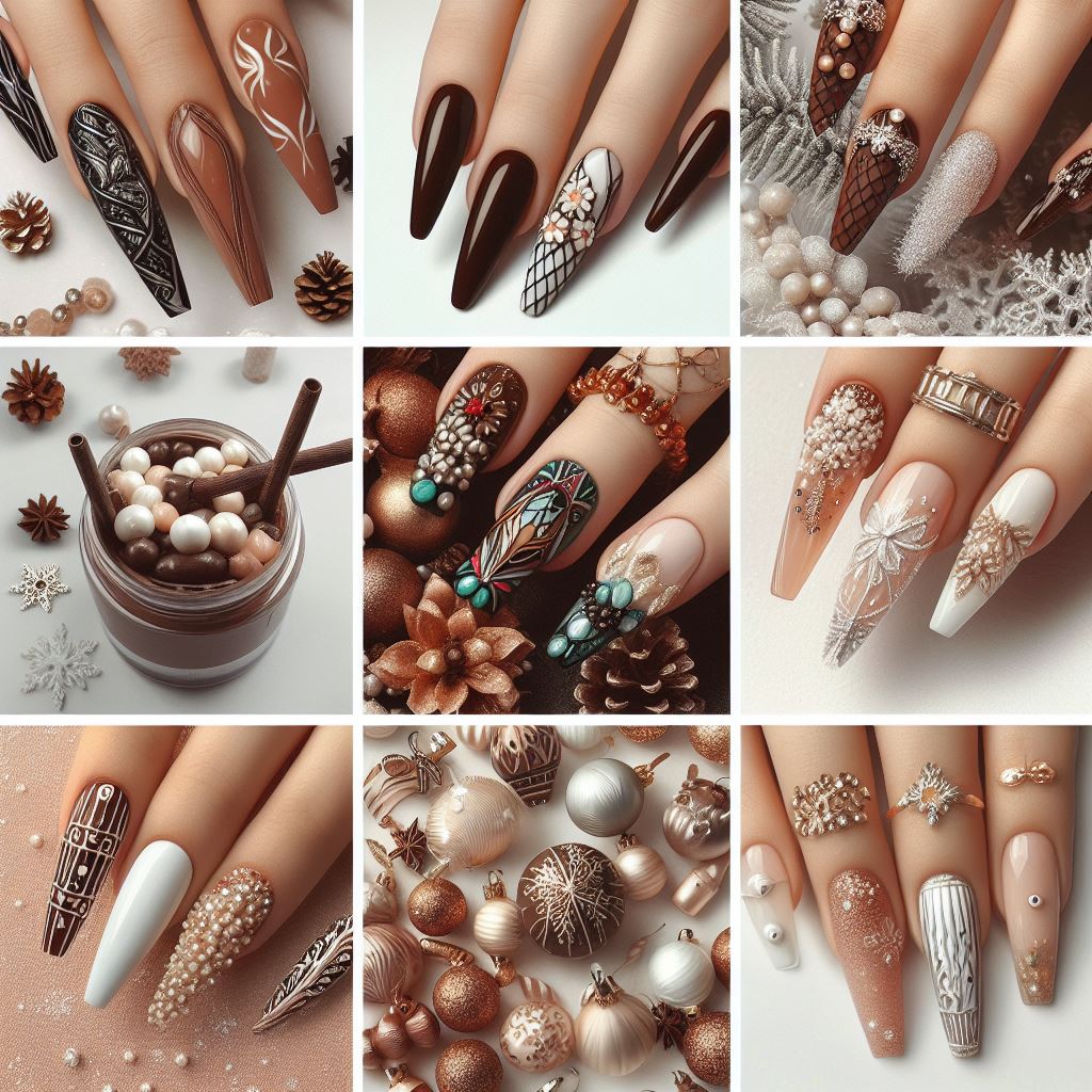 Image featuring fall and winter nail trends, including chocolate nails, gothcore nails, stained glass-inspired designs, embellished nails with pearls, white manicured nails, and Christmas-themed nail art