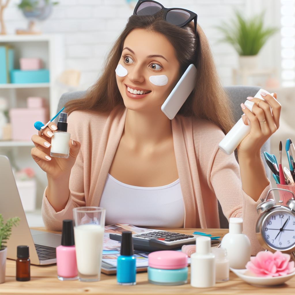 Image of a busy mom multitasking while moisturizing her nails, depicting convenient home-care tips