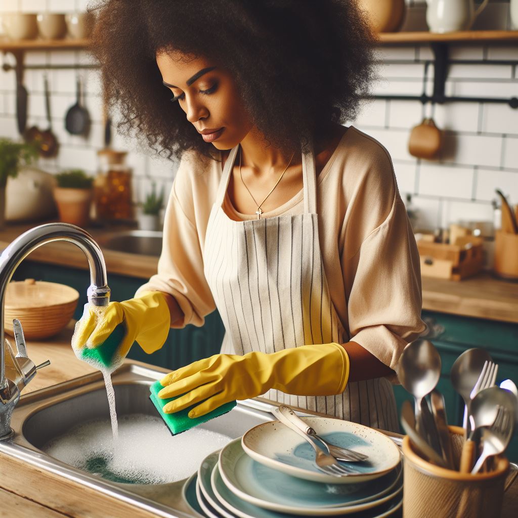 Image of a person wearing gloves while doing dishes