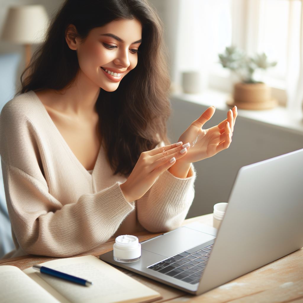 Image of a young woman moisturizing her hands while working on a laptop