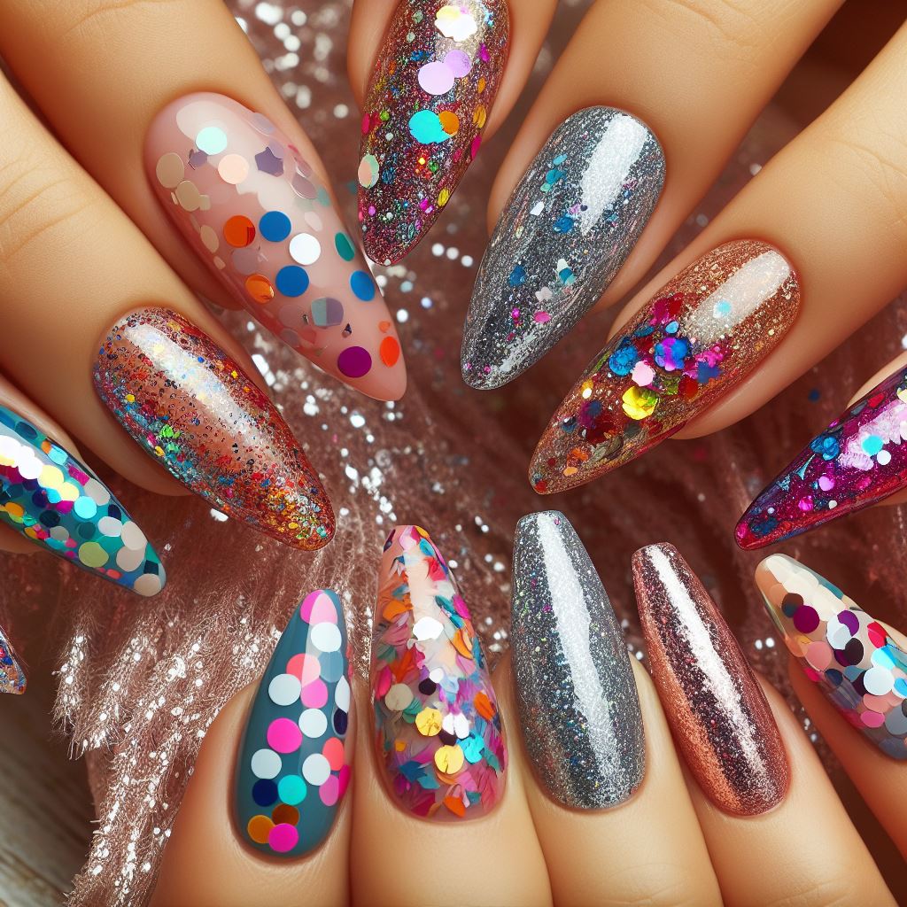 Image showcasing vibrant aura nails, festive confetti nails, textured manicure nails, and chrome craze nails, representing current nail design trends