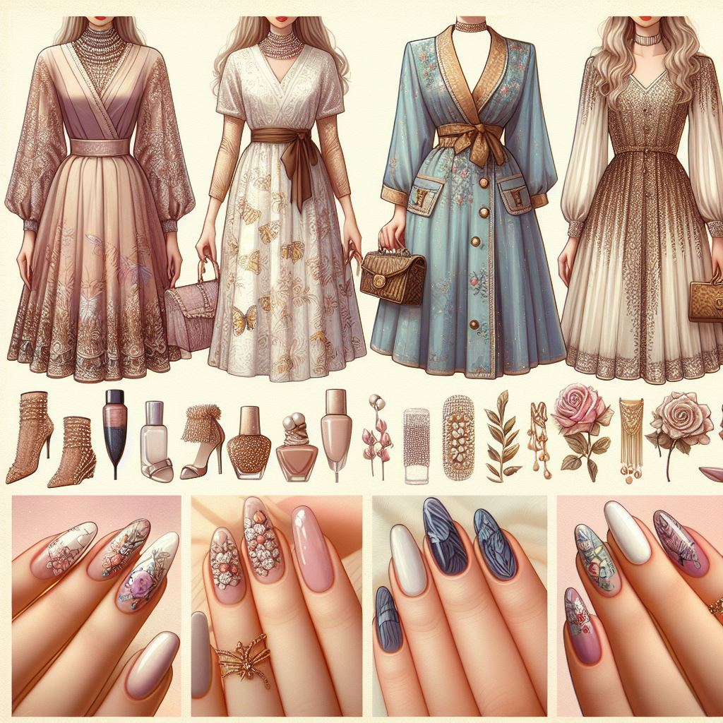 Image showing various nail designs paired with formal, casual, festive, trendy, and vintage outfits
