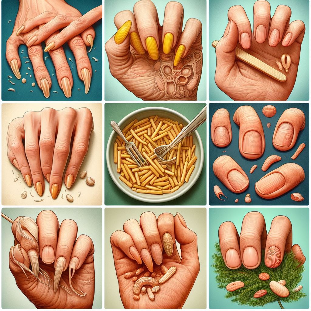 Images showing different nail conditions such as brittle nails, yellow nails, spoon-shaped nails, and clubbed nails