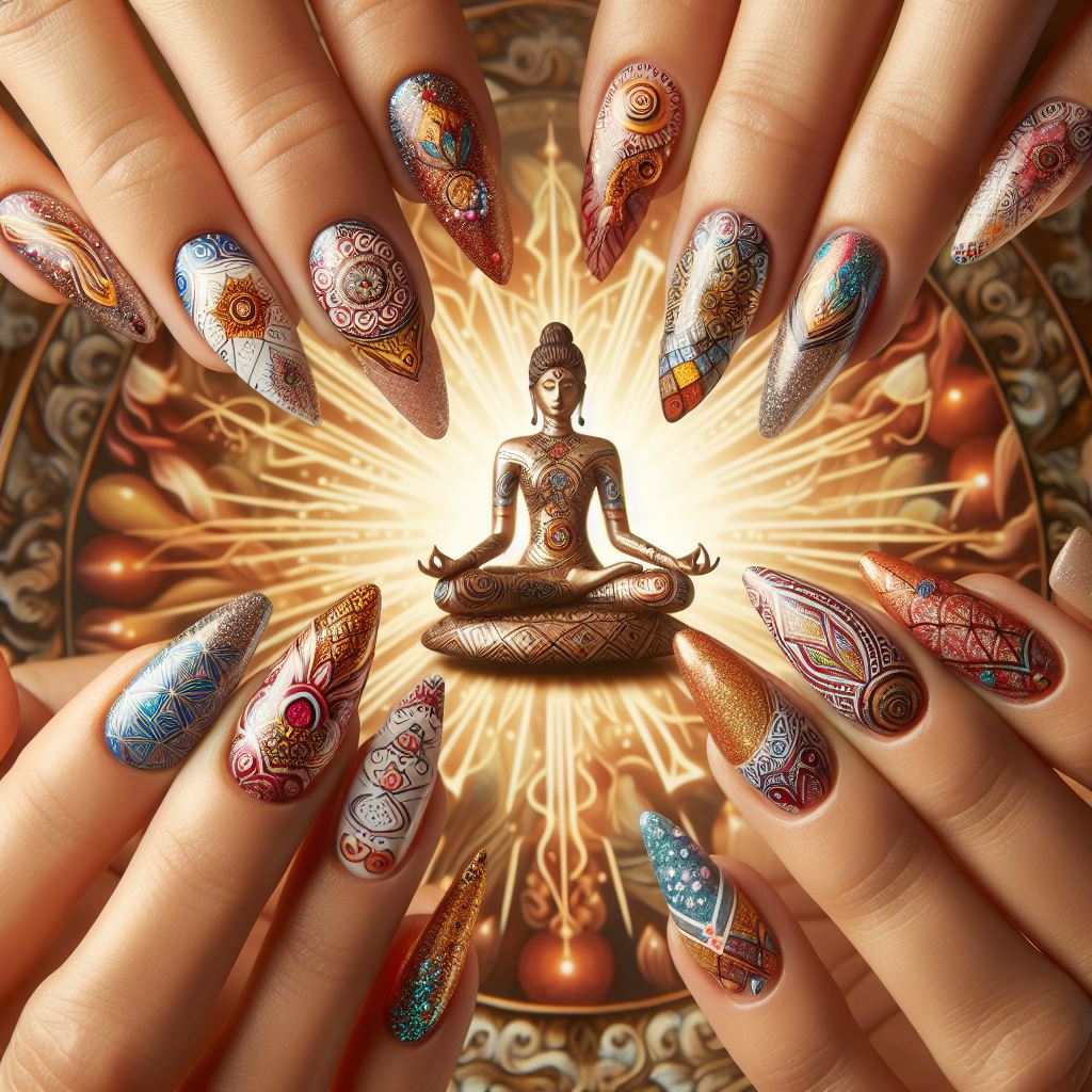 Intricate mandala nail art designs symbolizing balance and harmony, perfect for promoting relaxation and mindfulness during a manicure